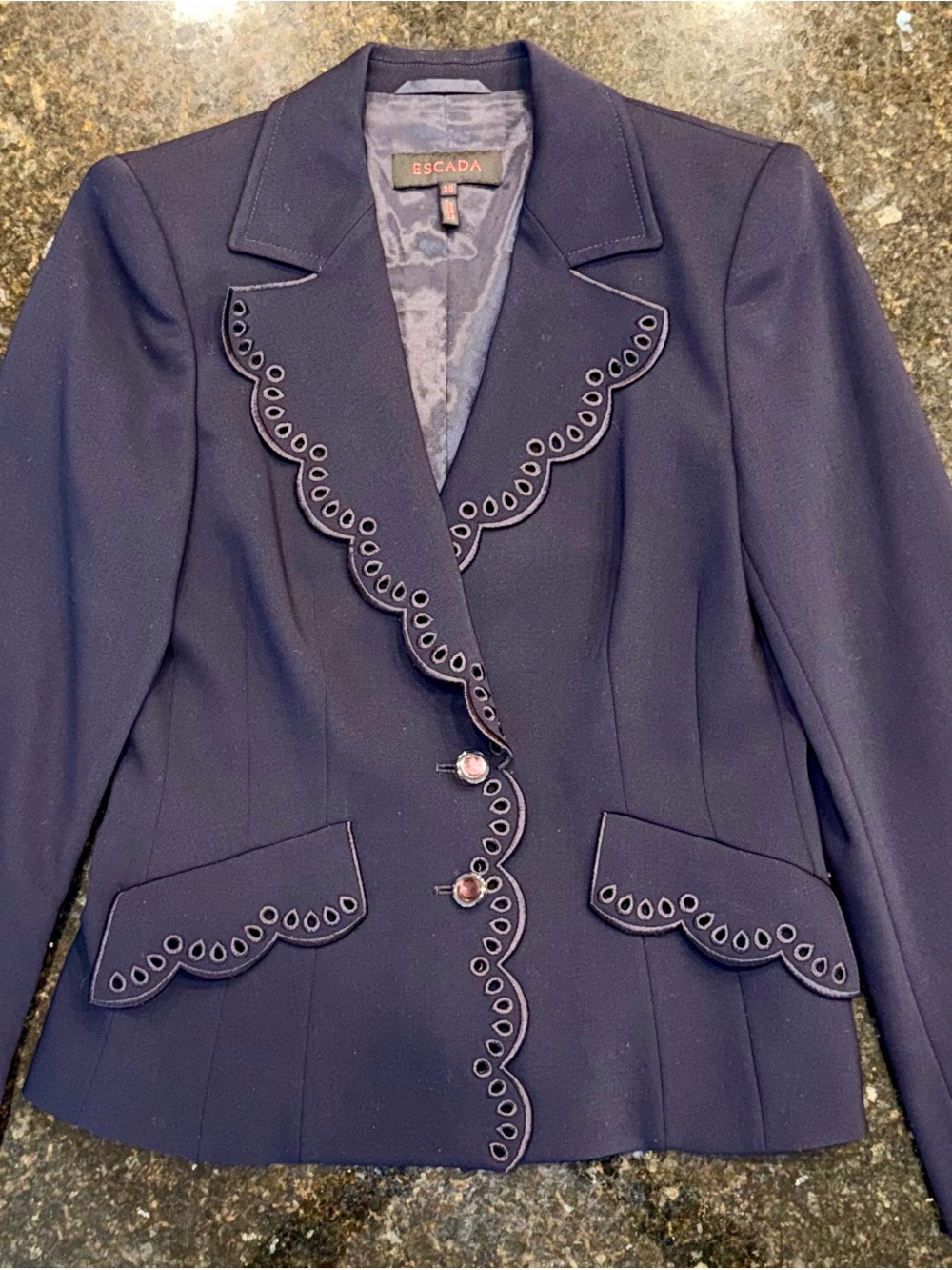 Escada Navy Scalloped Eyelet Trim Blazer